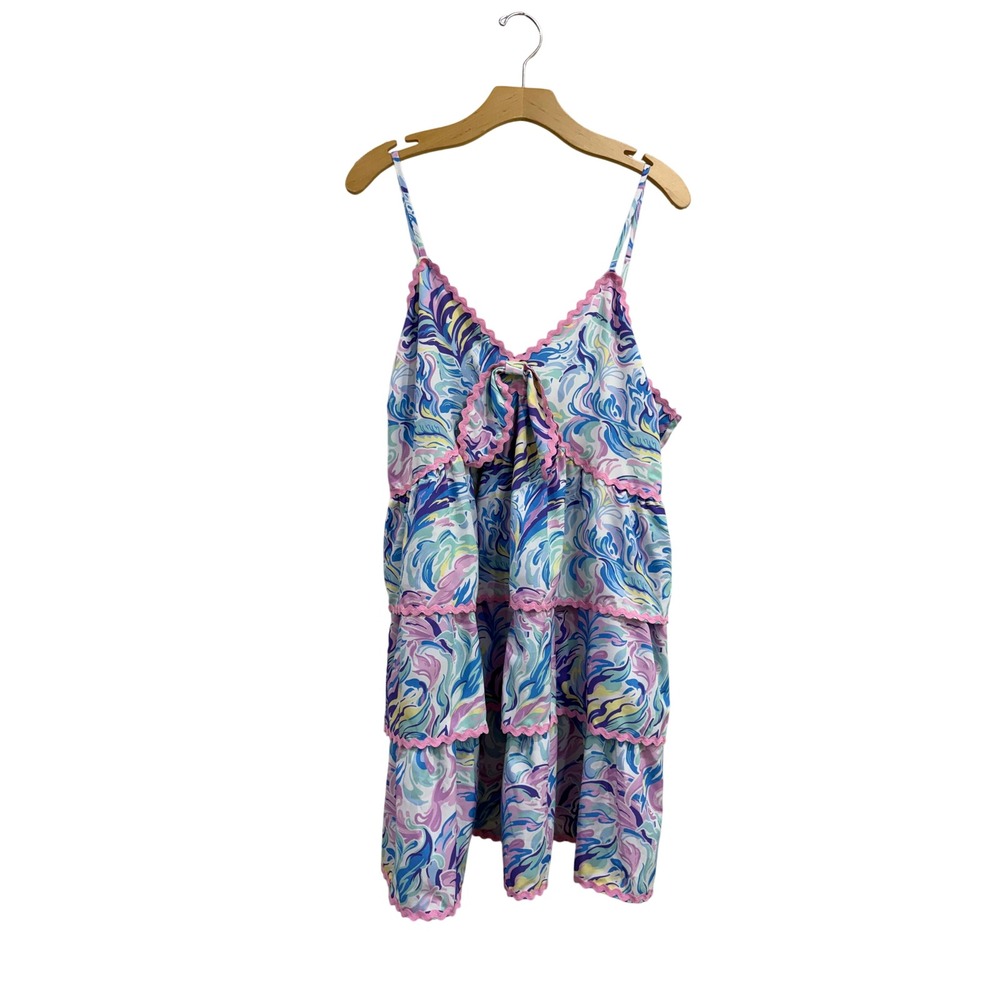Simply Southern Tiered Mini Dress XXL Blue Purple Swirl Ric Rac Trim Sleeveless